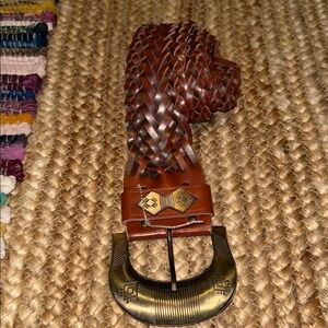 Braided Brown Leather Belt with Brass Buckle